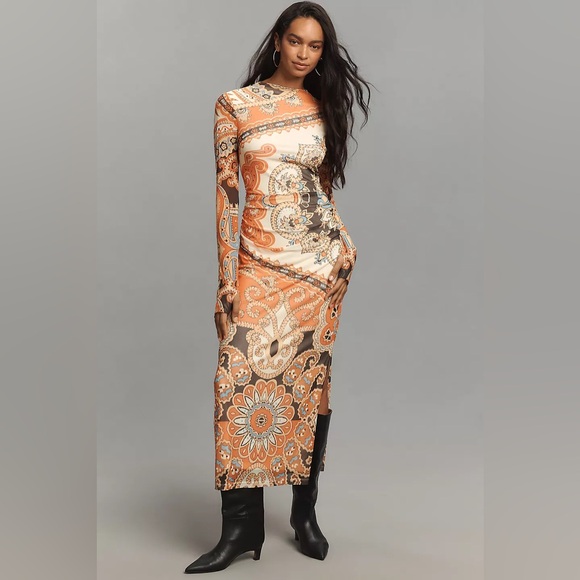 Farm Rio Long-Sleeve Mock-Neck Mesh Slim Midi Dress - Picture 1 of 4